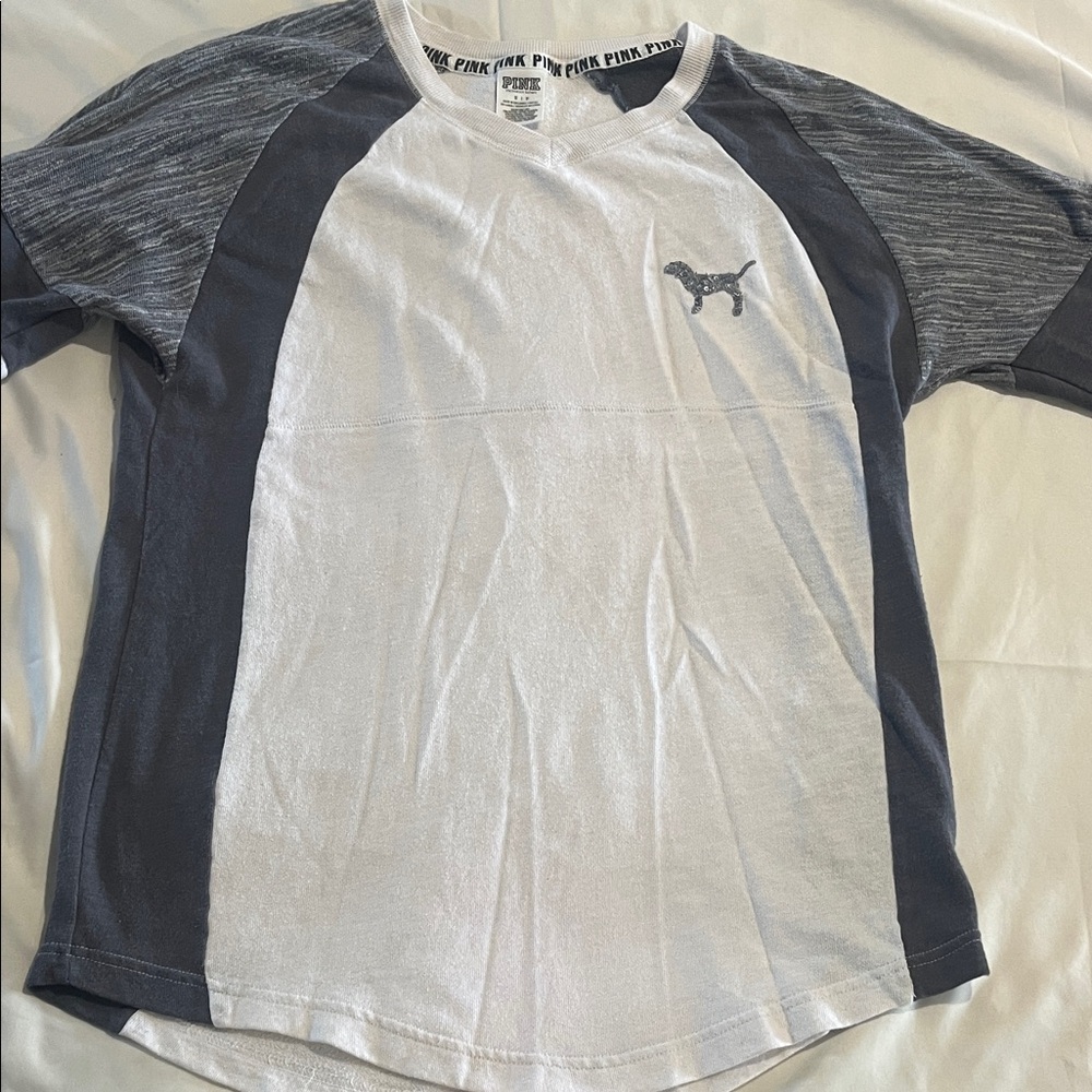 PINK Victoria's Secret White and Gray Raglan Shirt